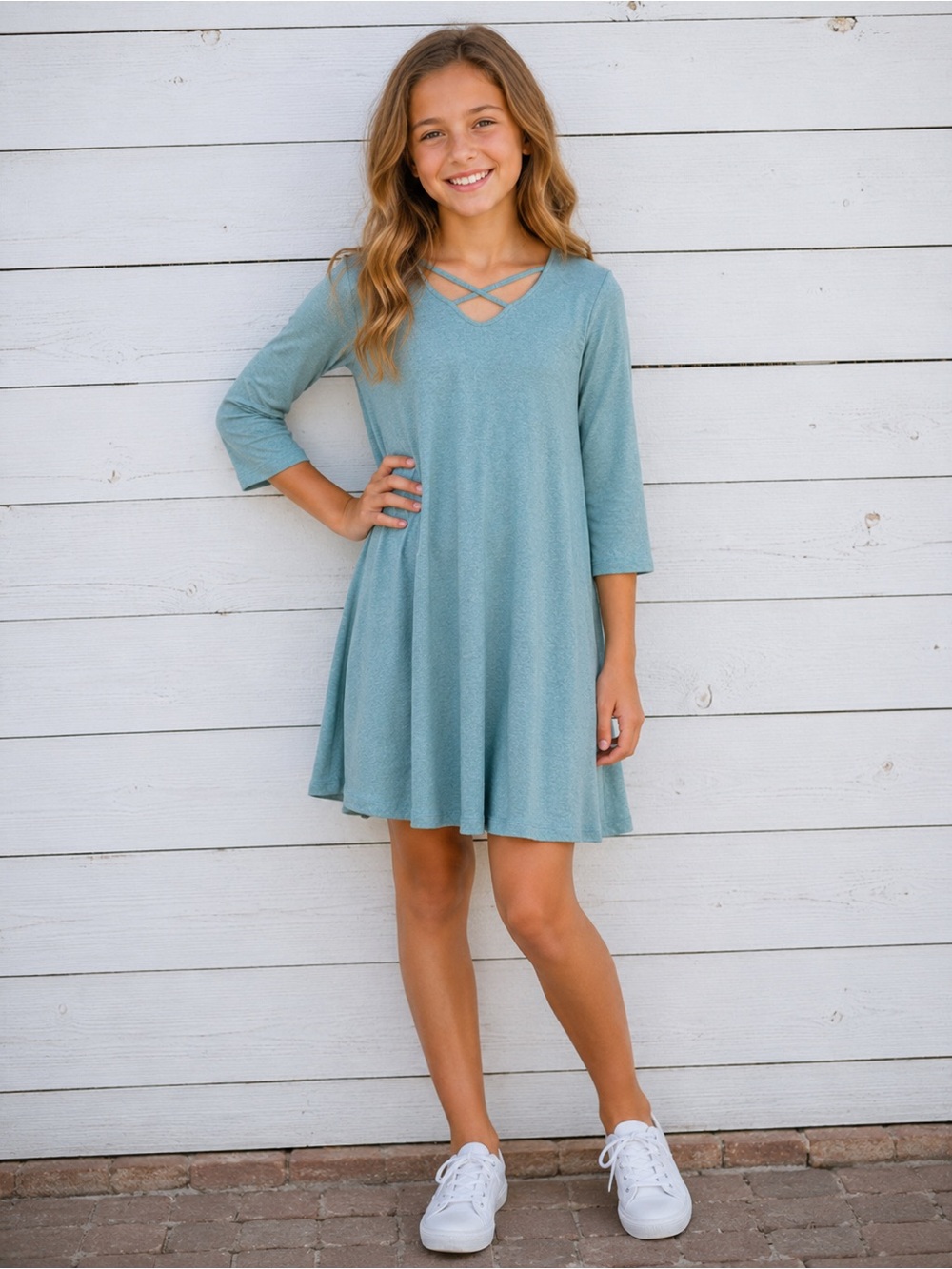 Pomelo Seafoam Green Dress with Crisscross Neck - Tween Medium